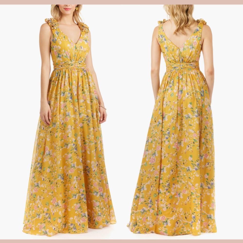 NEW $298 LARA New York [ 6 ] V-Neck‎ Long Floral Gown with Straps Yellow #J1984
